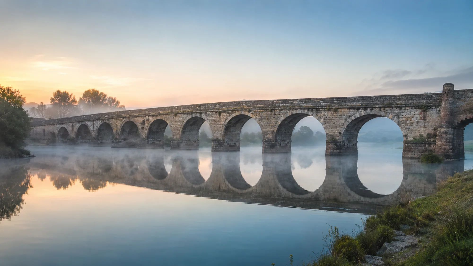 Arched stone bridge reflected in still water at dawn