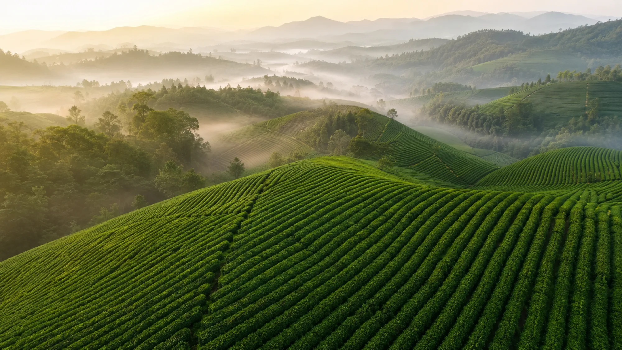 Aerial view of tea plantation rows, tended in perfect order