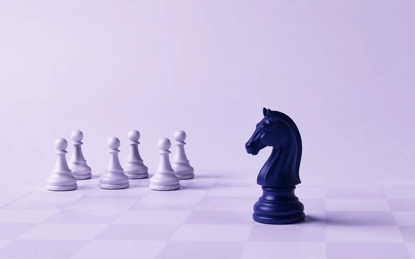 A chess knight standing ahead of a group of pawns, moving first