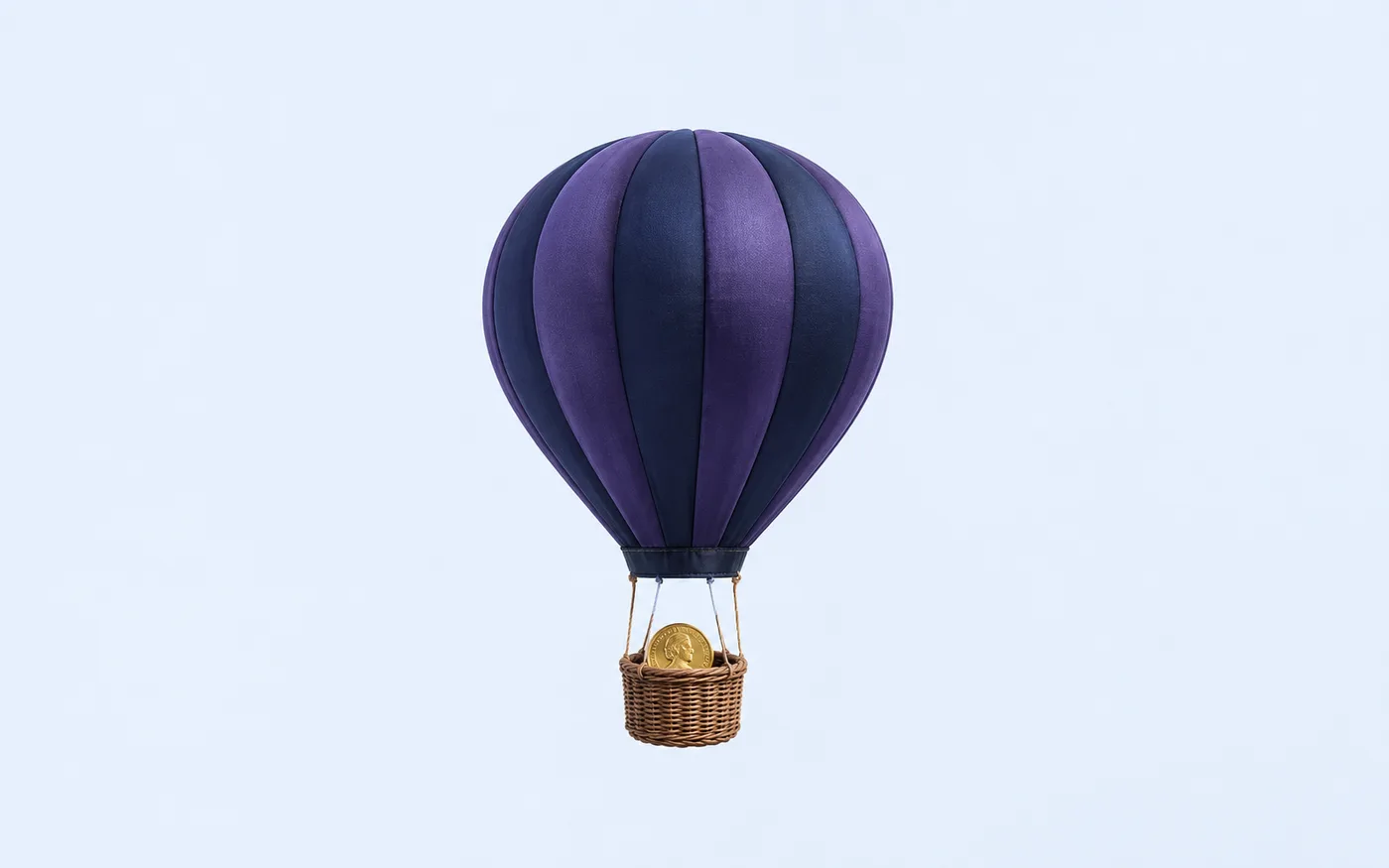 A hot air balloon rising steadily into a calm morning sky