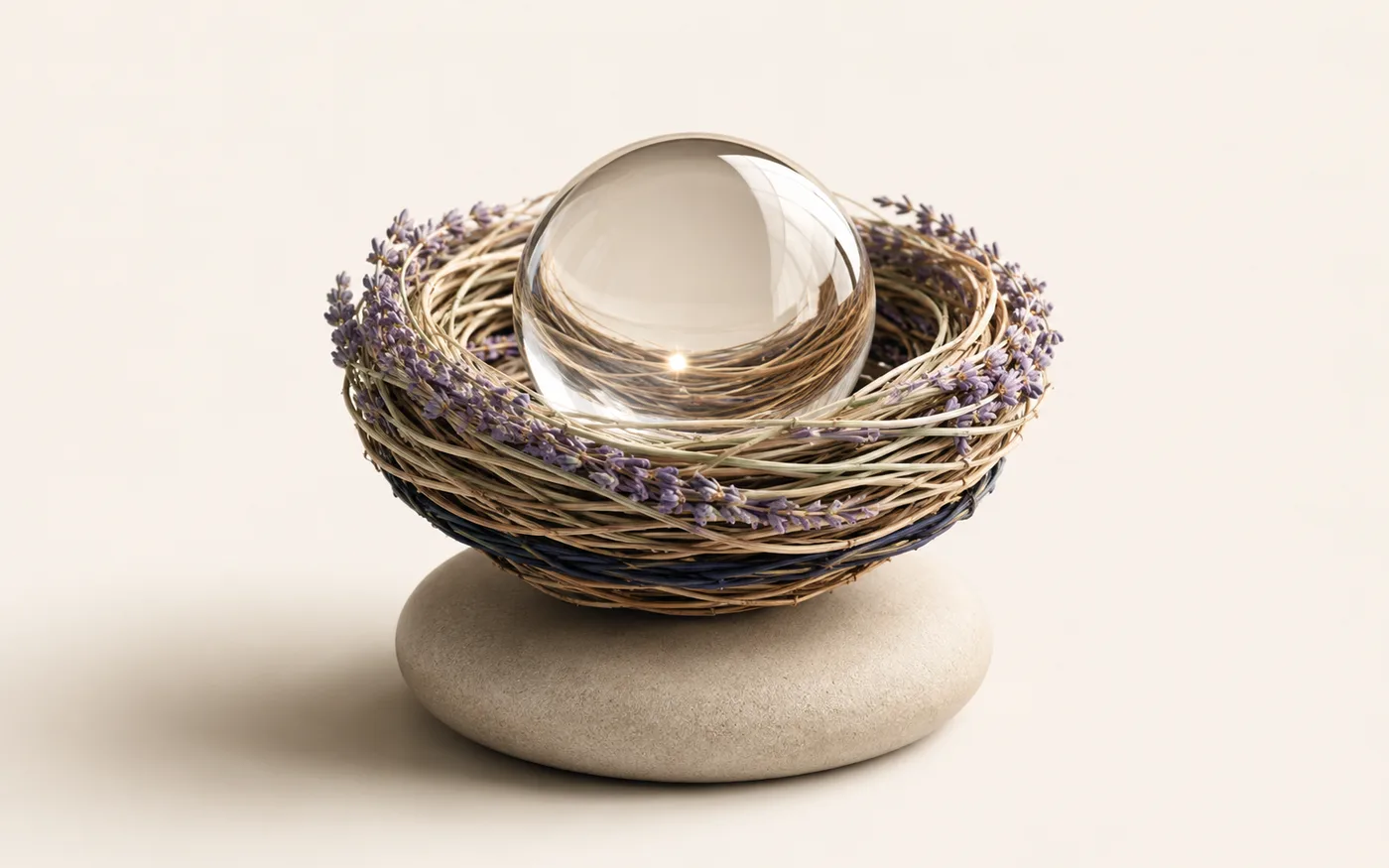 A glass sphere resting protected in a woven nest
