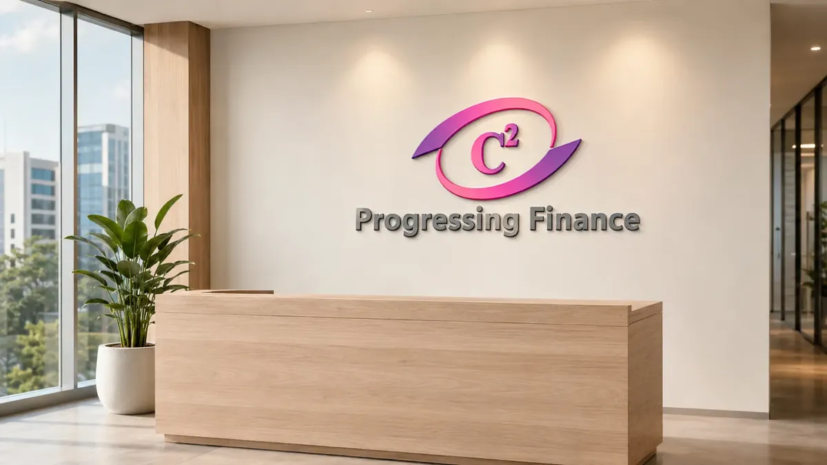 The Contrarian Support Services reception with the C² Progressing Finance logo on the wall