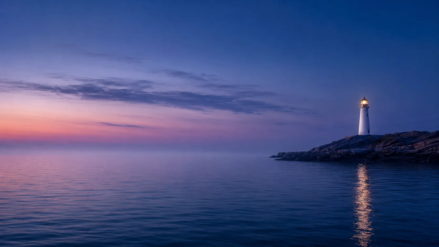 A lighthouse at first light over a calm sea, steady guidance