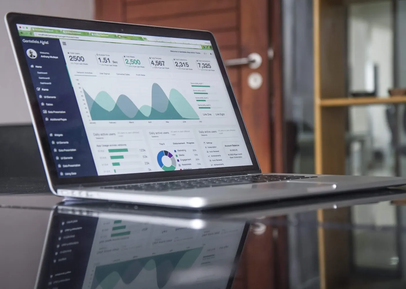 Investment portfolio analysis charts on a laptop screen